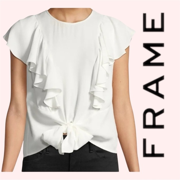 Frame Flutter Ruffled Tie Front Button Back Top Ivory Off White Cap Sleeve - Picture 1 of 14